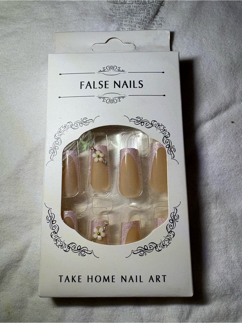 Long Coffin Press-On Nails Beige Pink French Flower Pre-Designed Self-Adhesive